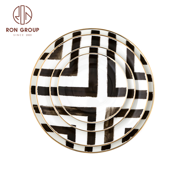 Wholesale gold rim bone china charger plates black and white wedding design dinnerware sets