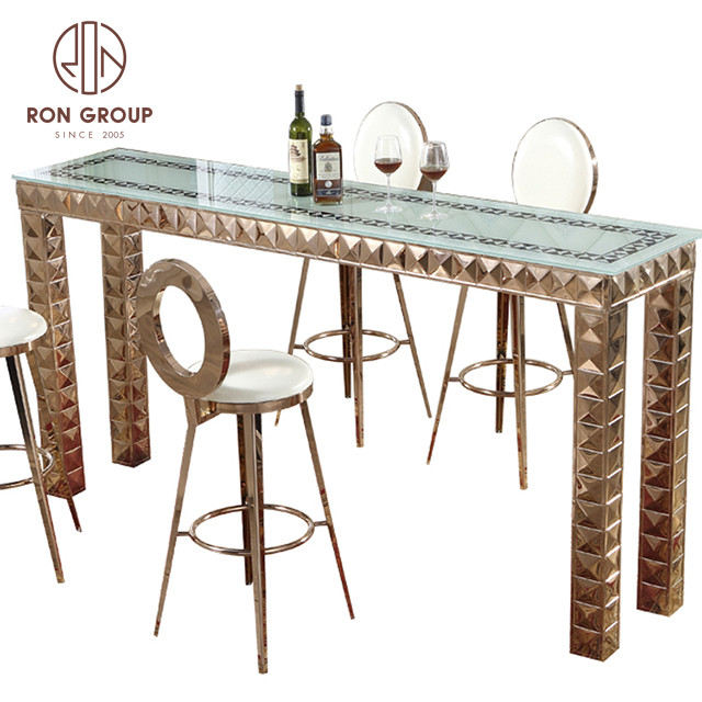 Stainless steel mirror glass top long bar table use in wedding