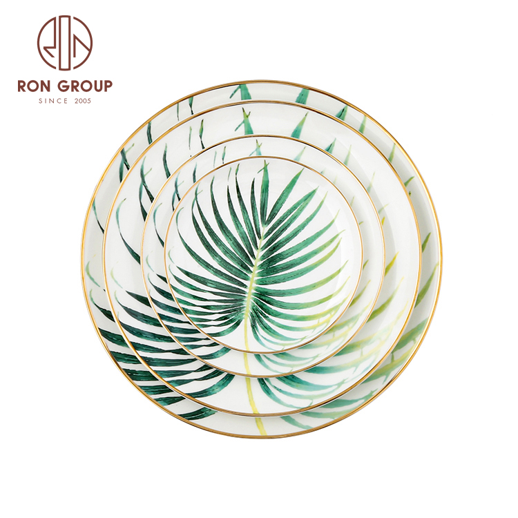 Green leaves ceramic plates restaurants dinnerware sets ceramic wedding tableware