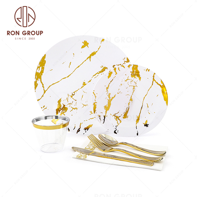 RND22-47S Hot selling Superior Quality Golden Disposable Plastic Dinner Plates Sets for Wedding party