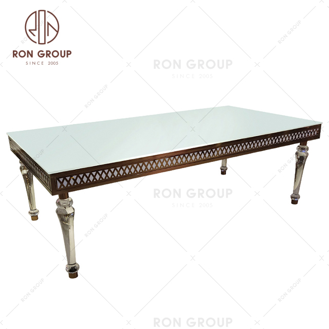 Romantic hotel banquet stainless steel crystal legs glass top table for wedding dining