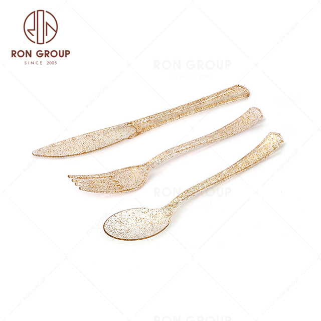 wedding party dinner tableware silverware spoon fork and knife plastic flatware gold disposable cutlery set