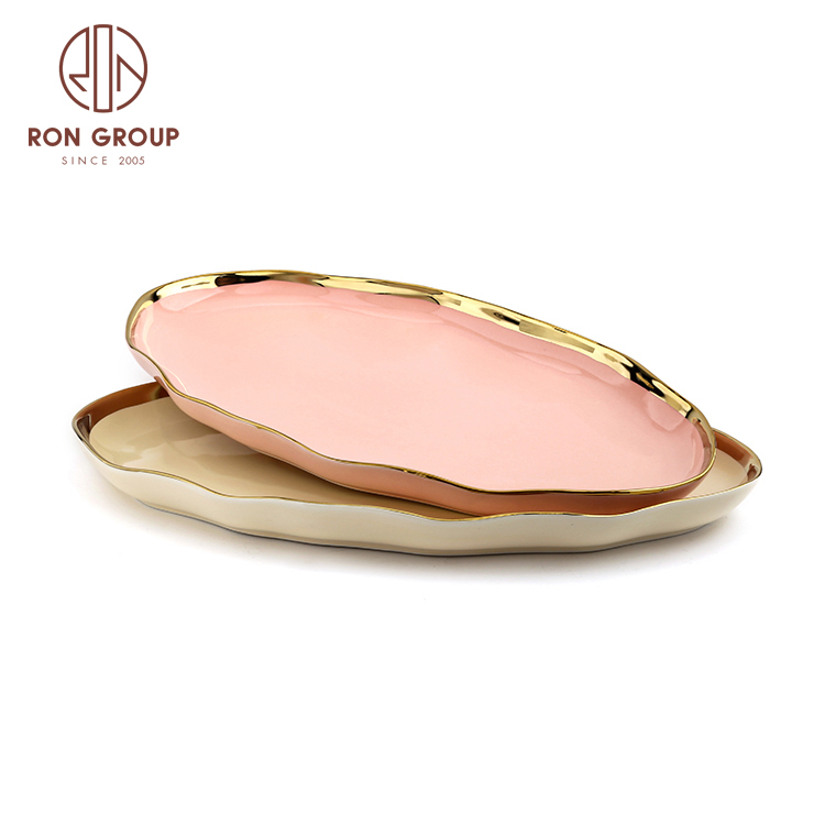 Gold rimmed restaurant ceramic irregular charger fish plates set for wedding