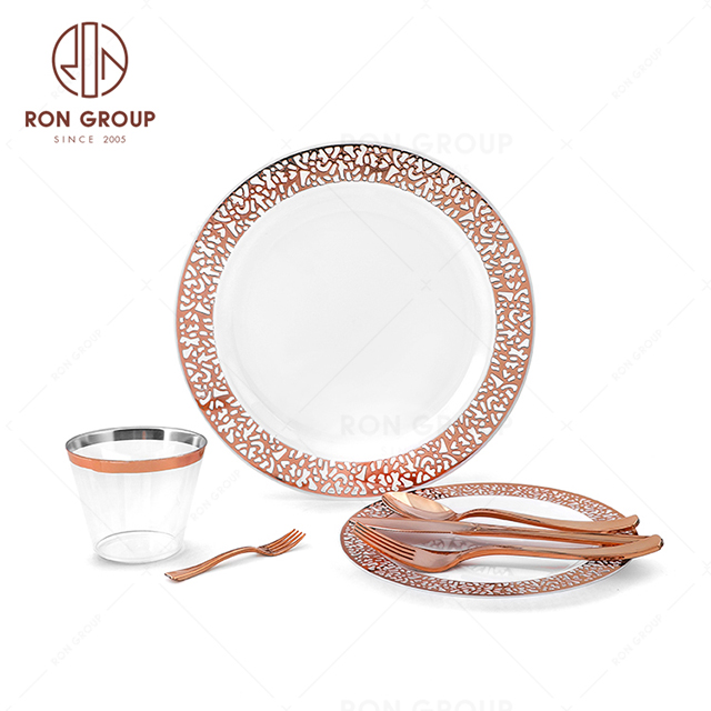 RND22-44S Wholesale Birthday wedding cocktail parties Rosegold Disposable Dinnerware Set Plastic Plates