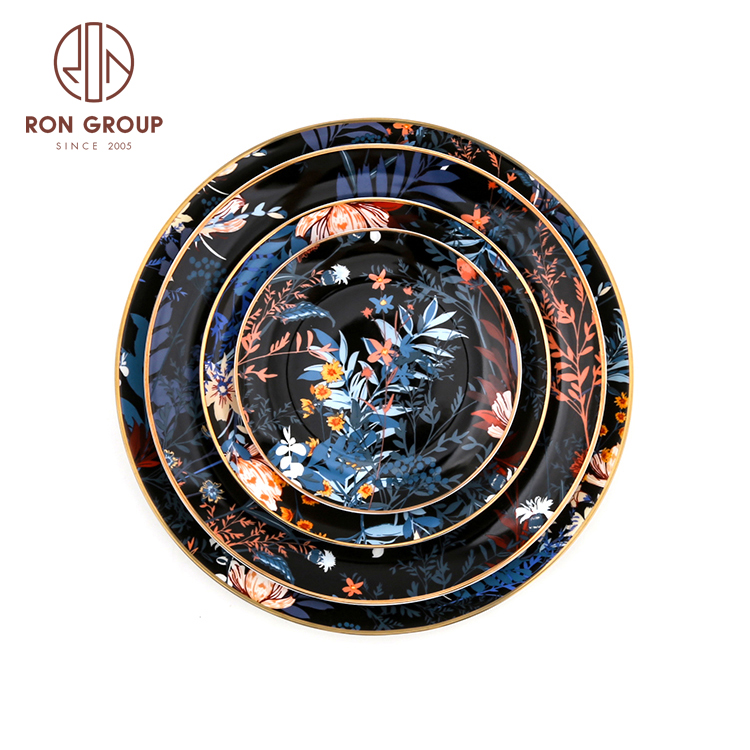 Luxury Bone China Dinnerware Set Black Flower Pattern Gold Rim Wedding Dinner Plate