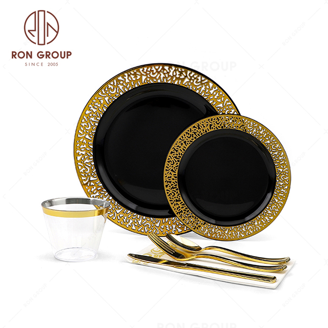 RND22-42S wedding Birthday cocktail parties Gold Disposable Dinnerware Set Gold Rim Plastic Plates Paper Napkins