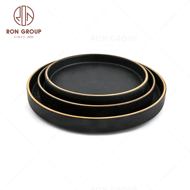Free Sample Ceramic Porcelain Black Buffet Party Wedding Restaurant Dinner Plate With Gold Rim