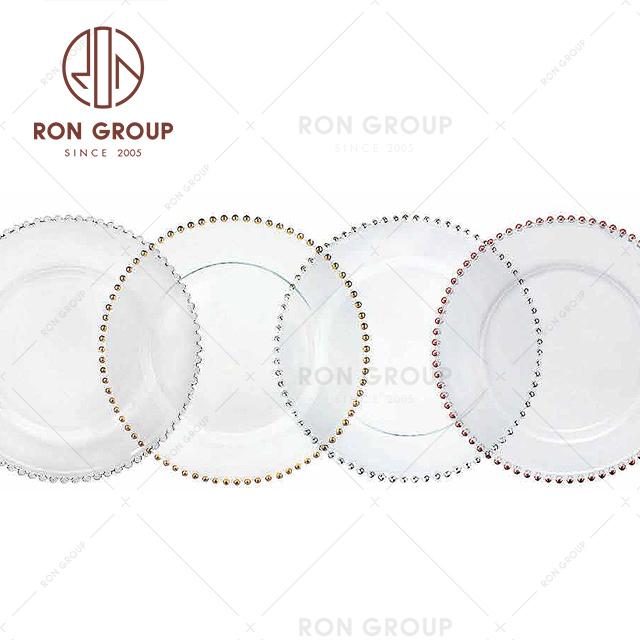Clear dinner wedding glass gold beaded charger plate