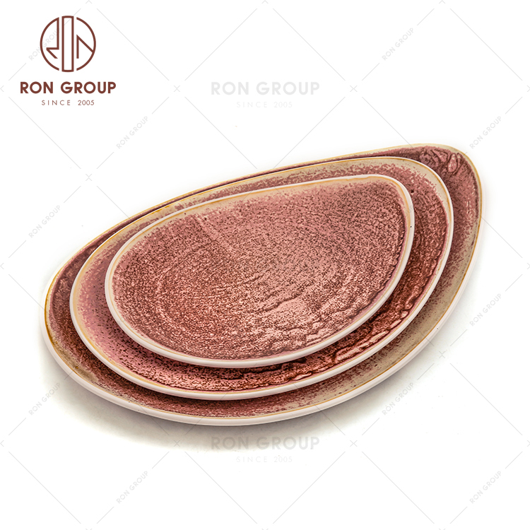 Different Size Restaurant Fambe Pink Rhythm Ceramic Mango Shape Plate 