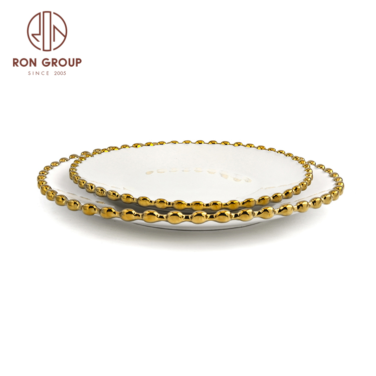 Good quality wedding decoration heart shape ceramic gold beaded charger plate