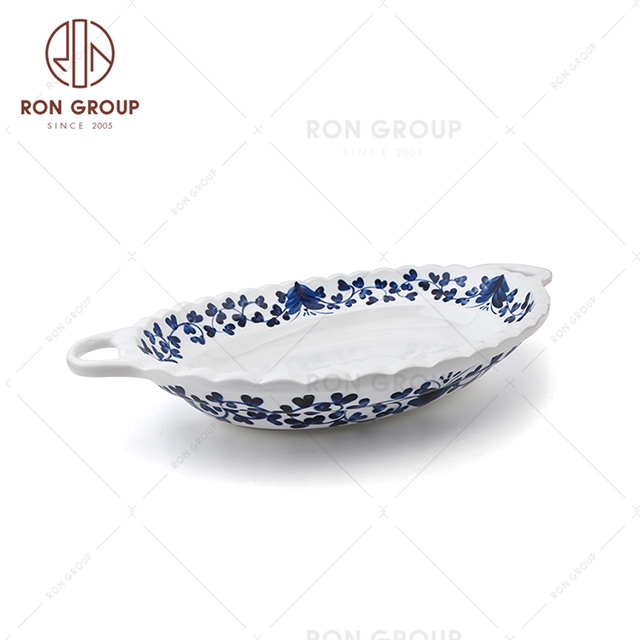 Large dinnerware sets flower drawing porcelain Chinese handles oval shaped ceramic bowls 