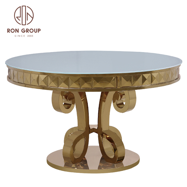Wedding furniture stainless steel frame glass dining table for party banquet