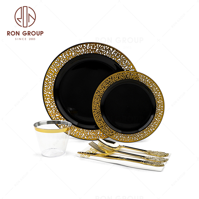 RND22-41S Gold Disposable Dinnerware Set Gold Rim Plastic Plates Silverware Plastic Cups Paper Napkins