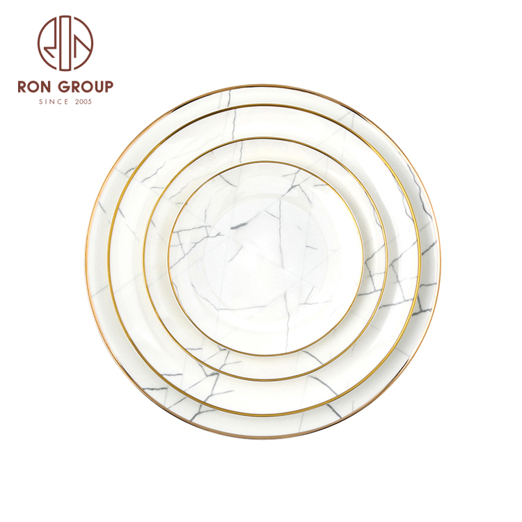Custom modern golden rim bone china ceramic dinnerware for banquet hospitality wedding catering